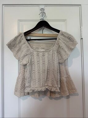 Cream Crochet Knit Set Short Sleeve Top Skirt Beach Vacation Summer